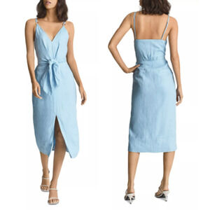 Reiss Kay Linen Sleeveless Plunging V-Neck Ruched Midi Dress Blue Women's US 4